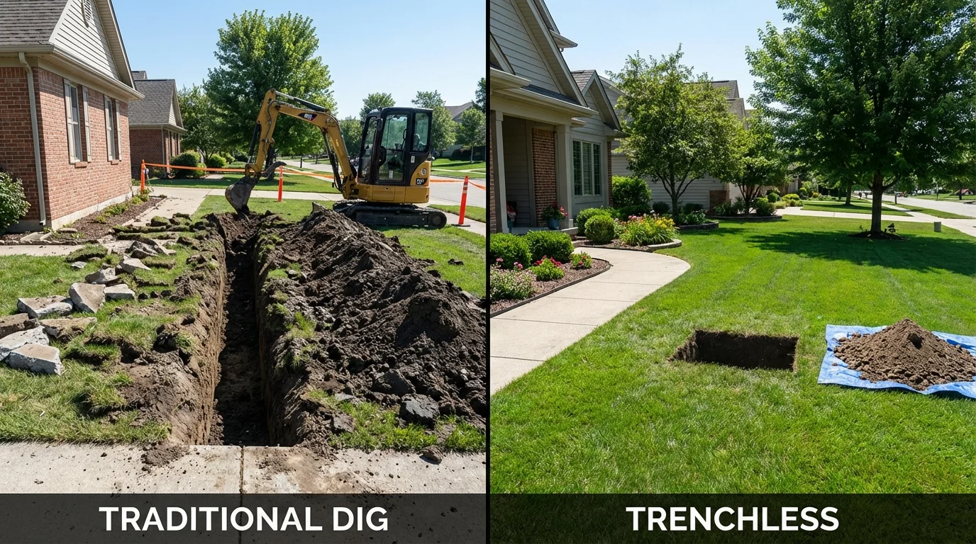 Trenchless sewer repair with minimal yard damage versus traditional excavation in Guntown, MS
