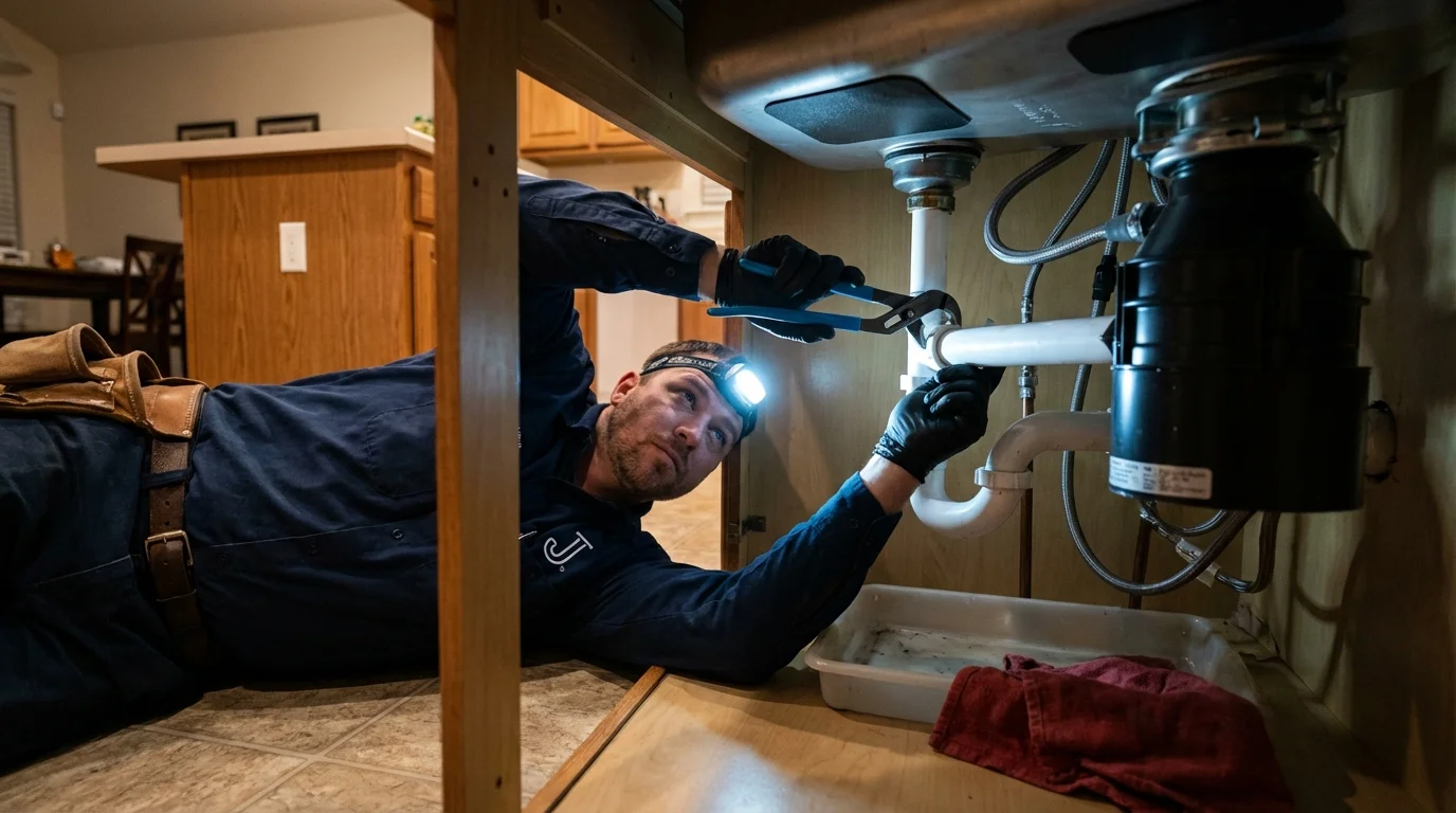 P-trap and supply line connections under a kitchen sink showing a common leak point in Guntown, MS